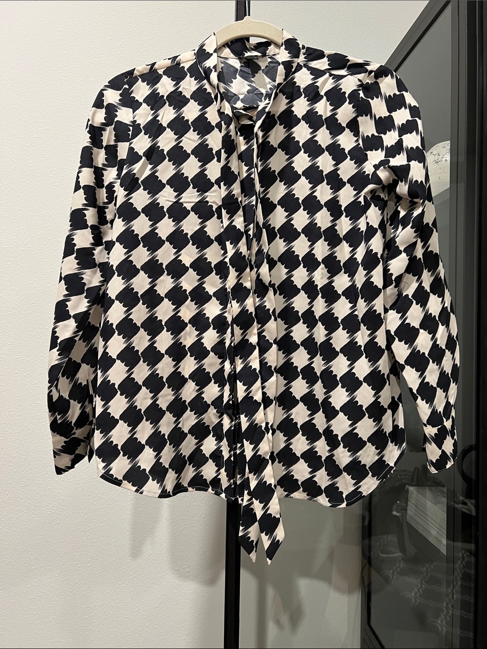 Navy and White Tie-Neck Women's Blouse